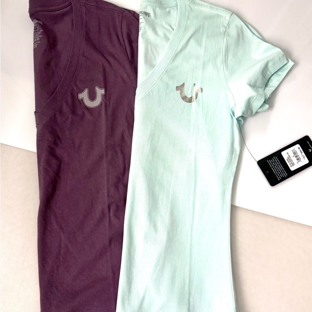 True Religion Black Plum & Light Aqua Glacier Tees Small t-shirts back to school